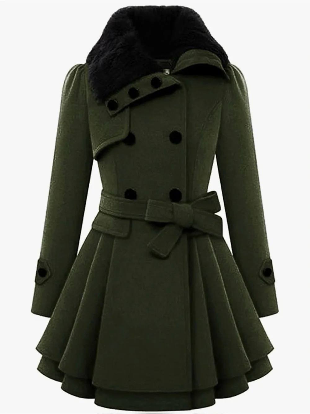 zeagoo Olive Green Trench Coat with Black Faux Fur Collar
